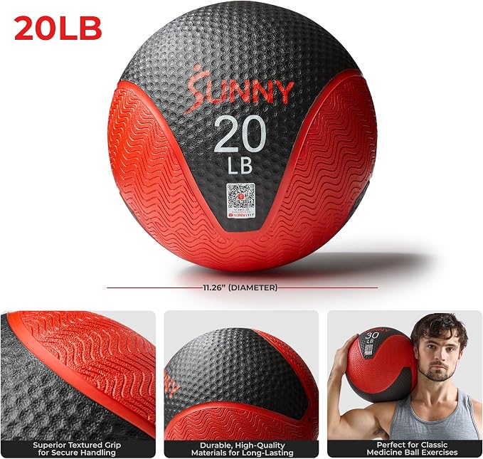 Sunny Health & Fitness 10 LB Medicine Ball with Premium Dual Textured Grip | 4-30LB Weighted Rubber Medicine Ball, Bouncing Wall Ball, Slam Ball Workouts, Throws Squats Core Strength Training
