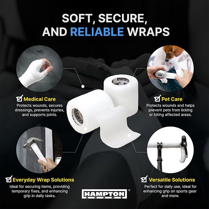 Hampton Adams | As Seen on Shark Tank | Self Adhesive Bandage Wrap (14-Pack) | 15ft | Pet Safe | Breathable Athletic Elastic Cohesive Bandage for Sports Injury Ankle Knee Wrist sprains (White)