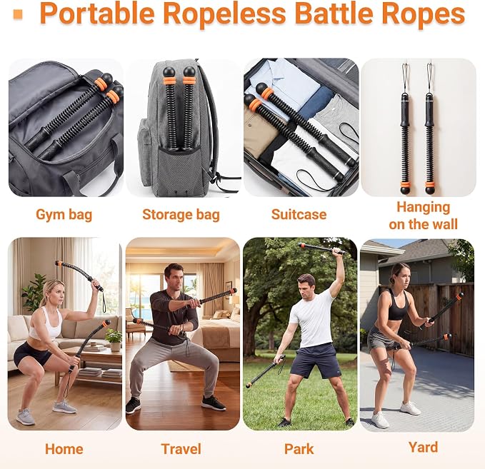 Adjustable Ropeless Battle Ropes for Home Gym-Cordless Training Rope Fitness Equipment for Men & Women,Portable Arm Exerciser Rope for Strength Building, HIIT and Low-Impact Aerobic Training (Black)