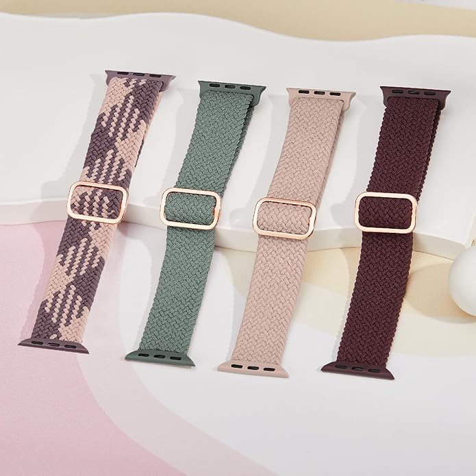 4 Pack Braided Stretchy Bands Compatible with Apple Watch 40mm 41mm 38mm 42mm 44mm 45mm 46mm 49mm Women Men, Breathable Nylon Elastic Daily Use Straps for iWatch Series 11/10 9 8 7 6 5 4 3 SE/Ultra 2