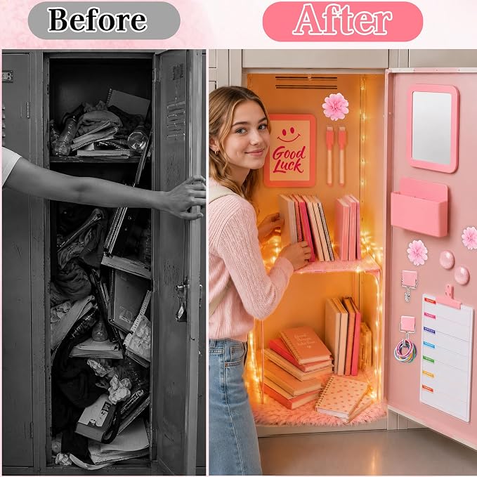 17 PCS Locker Accessories for Girls Locker Decoration Kit with Locker Shelf Magnetic Mirror Whiteboard Pen Holder Rug Wallpaper Lights Locker Organizer Set for School Dorm Gym Office (Pink)