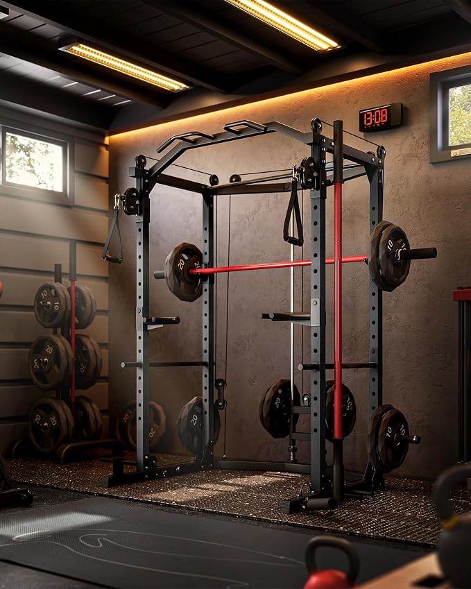 Garvee Power Cage with Cable Crossover System, Power Rack for Home Gym | 1600 Lb Capacity, Carbon Steel Squat Machine with LAT Pulldown Pulley System, J-Hooks, Dip Handles, Landmine Attachment