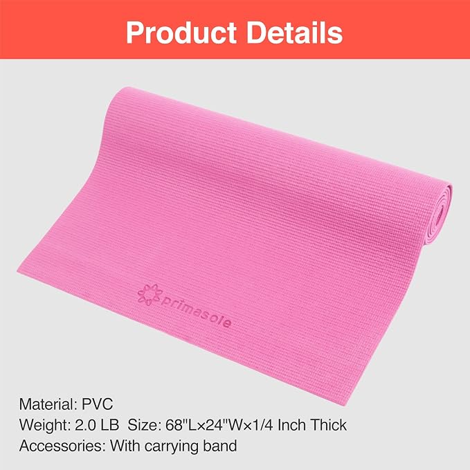 Primasole Yoga Mat with Carry Strap for Yoga Pilates Fitness and Floor Workout at Home and Gym Non-slip 9 colors