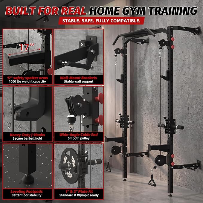 Wall Mounted Power Rack with Cable Crossover, Foldable Squat Rack | Dual Pulley System With Pull Up Bar, J-Hooks, 800 LB Capacity, Space-Saving Design for Full-Body Home Gym Strength Training