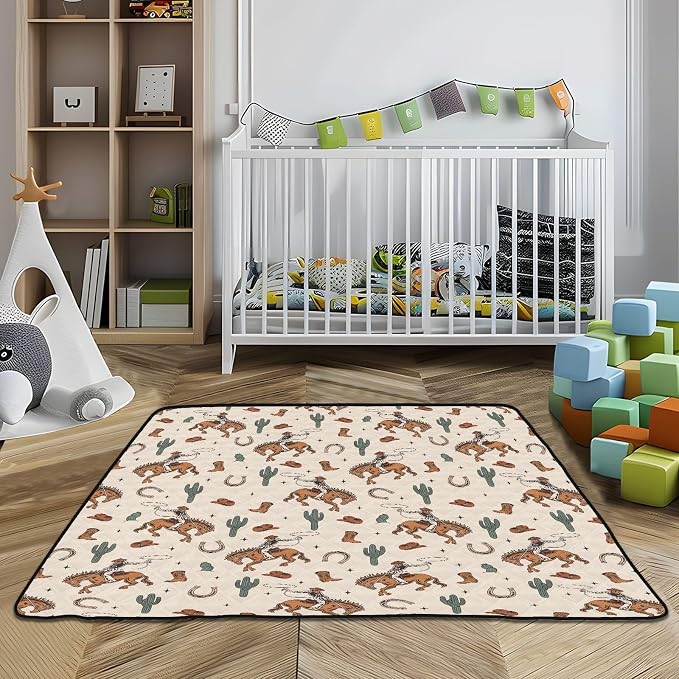 Baby Play Mat Cactus Cowboy Horse Plant 50" X 50" Play Gym Crawling Mat Soft Non-Slip Portable Picnic Floor Mat for Infant, Babies, Toddler, Kids