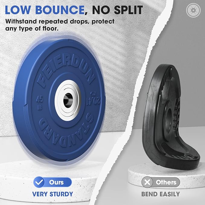 FEIERDUN Color Bumper Plate Set, 2-Inch Olympic Weight Plates, Low Bounce Rubber Barbell Plates with Stainless Steel Insert for Weightlifting, Strength Training, CrossFit & Home Gym, 10LB-370LB