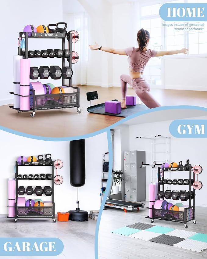 Dumbbell Rack Weight Storage Rack | Adjustable Weight Rack with Wheels, for Home Gym, for Dumbbells, Kettlebells, Yoga Mat, Foam Roller,Workout Equipment