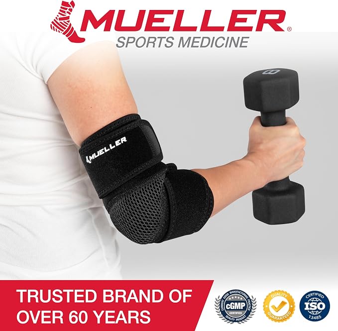 MUELLER Sports Medicine Adjustable Elbow Brace, Elbow Pain Relief Support Sleeve for Men and Women, For Tennis, Golf, Painting, Factory-Line Work, and More, Black, One Size | medical-braces-and-supports