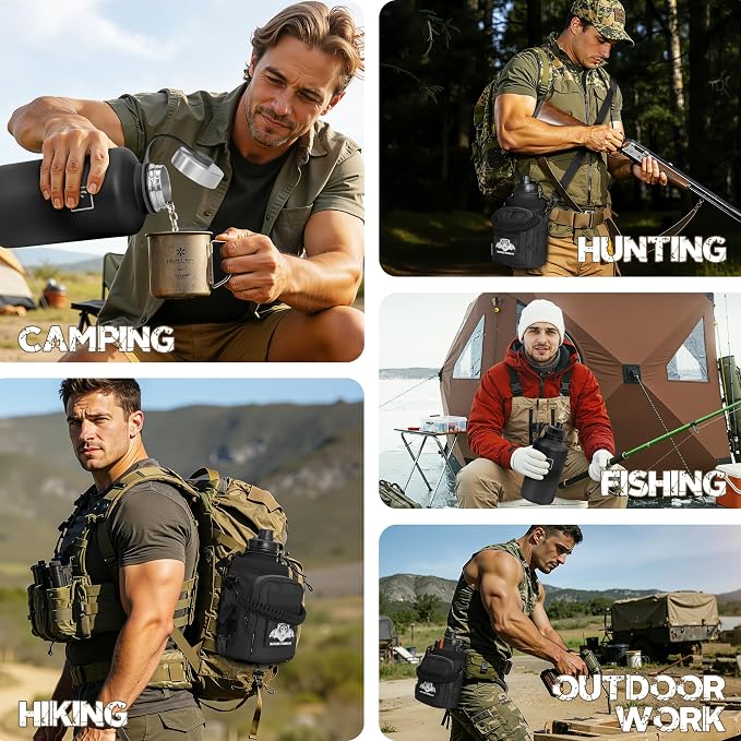 NATURE PIONEOR 64 oz Tactical Water Bottle with MOLLE Bottle Pouch & 3 Lids | 18/8 Food-grade Stainless Steel, Double Vacuum Insulation, 3 Leak-proof Lids, Handle, Strap, Camping, Hiking, Gym, Work