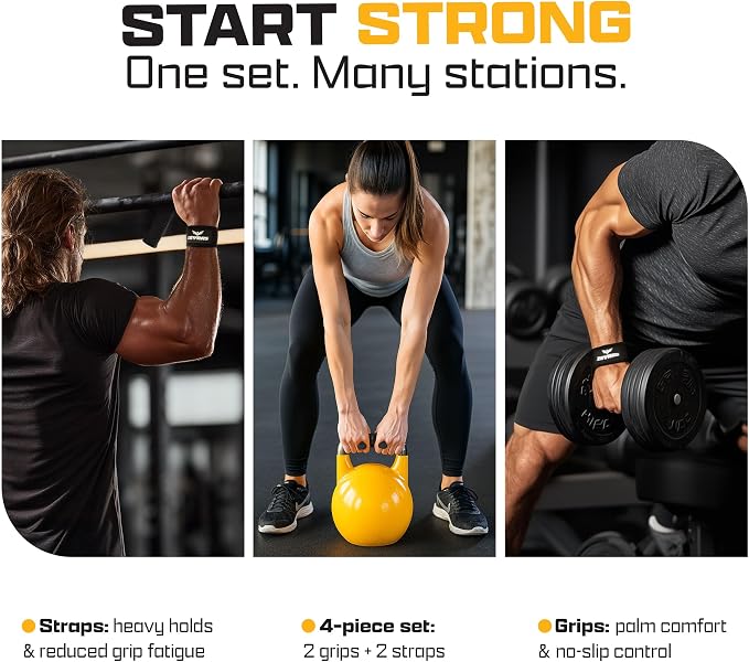 Workout Grips & Wrist Straps Set - Anti-Slip Silicone Hand Grips + Lifting Straps for Gym, Weightlifting, Pull-Ups, Deadlifts - Gloves Alternative (2 Grips + 2 Straps + Carry Case)