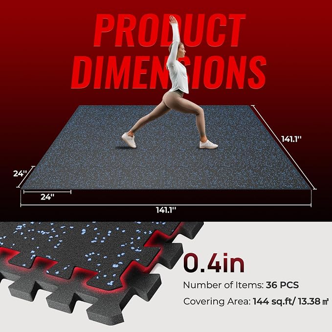 SUPERJARE 0.4'' Thick 36 Pcs 144 Sq Ft Rubber Top Exercise Equipment Mats, High Density EVA Foam Mats with Rubber Top, Interlocking Gym Flooring for Home Gym, Protective Workout Mat, Black/Blue