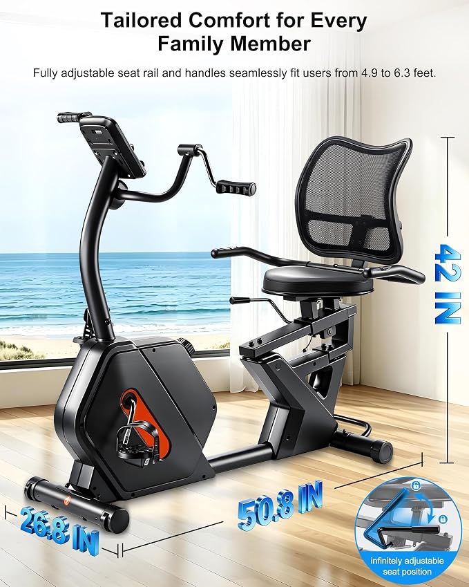Kawnina Recumbent Exercise Bike for Home, Extra Wide Seat & Arm Exerciser | Ergonomic Back Support, Adjustable Rail, 16-Level Resistance, 420 lbs Capacity