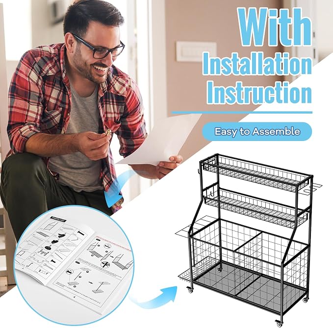 Sports Equipment Garage Organizer - Heavy Duty Garage Organization Ball Storage Rack with Basket, Hooks and Rolling Cart for Sports Gear and Toy Storage, Indoor/Outdoor Use, Black