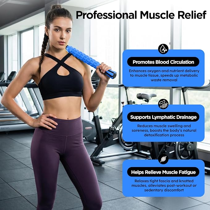 Muscle Roller & Massage Roller Stick for Athletes - Lymphatic Drainage Support, Relieves Muscle Soreness, Cramping & Tightness - Targets Legs, Arms, Back & Calves (Blue Wheel)