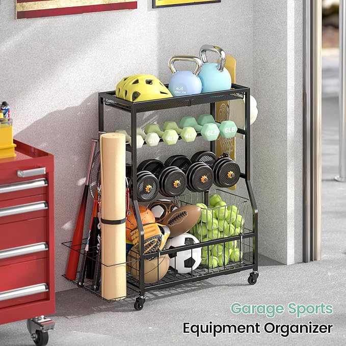 Home Gym Storage Rack, Dumbbell Rack with Yoga Mat Storage, Weight Rack Stand with Lockable Wheels and Hooks, Home Workout Equipment Organizer for Yoga, Dumbbell, Kettlebells, Ball Storage