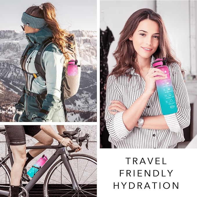 Hyeta Water Bottle with Straw & Time Marker, Plastic 32oz Leakproof | Motivational Tritan BPA Free Gym Office Outdoor Intake Tracker Hourly Reminder Straw Lid Carry Strap