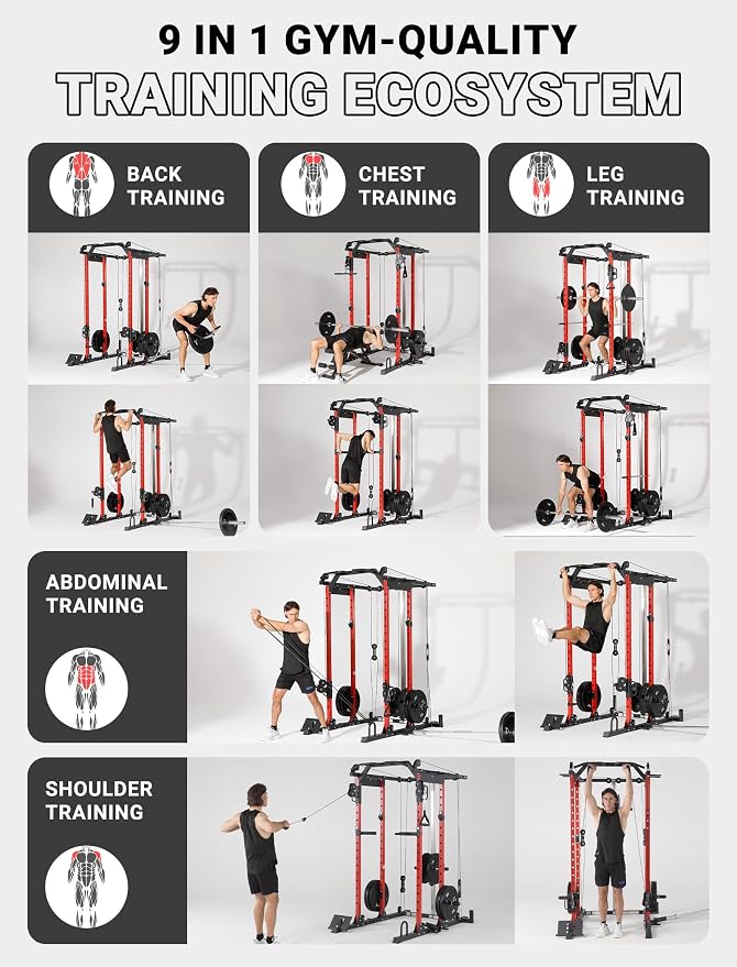 YOLEO Smooth Pulley System Power Cage, Adjustable Cable Crossover Power Rack, Multi-Functional Cable Machine for Home Gym