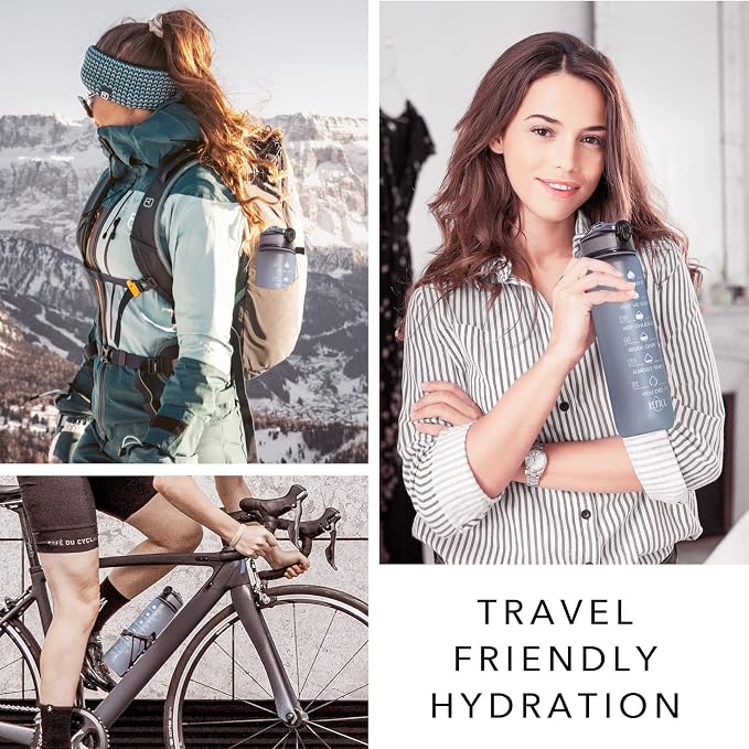 Hyeta Water Bottle with Straw & Time Marker, Plastic 32oz Leakproof | Motivational Tritan BPA Free Gym Office Outdoor Intake Tracker Hourly Reminder Straw Lid Carry Strap