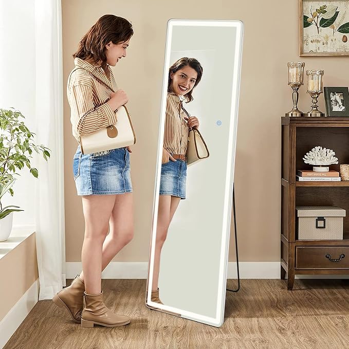 NEWBULIG 64"x21" LED Full Length Mirror, Full Body Standing Mirror, White | Leaning or Standing, Tempered Glass, Aluminum Alloy Thin Frame Floor Stand for Bedroom, Cloakroom