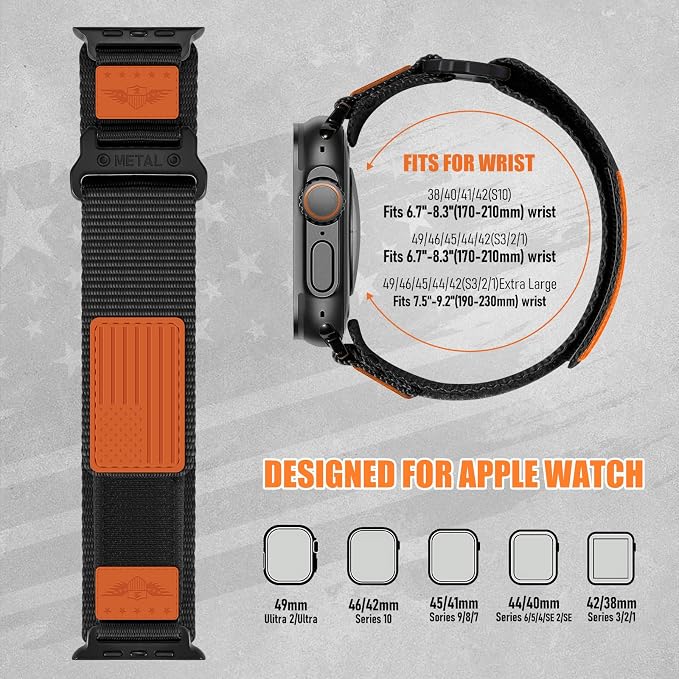 Rugged Nylon for Apple Watch Ultra 2/ Ultra 3 Band Series 11/10/9/8/7/6/5/4/3/SE iWatch Bands Men,Soft Woven Stars-Stripes Flag Wristbands Strap for Apple Watch Ultra 3/2/1 49mm 46mm 45mm 44mm 42mm