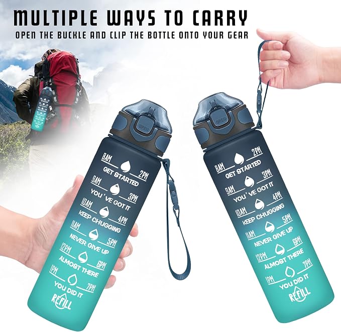 Enerbone 32 oz Drinking Water Bottle with Times to Drink and Straw, Motivational with Carrying Strap, Leakproof BPA & Toxic Free, Ensure You Drink Enough Water for Fitness Gym Outdoor