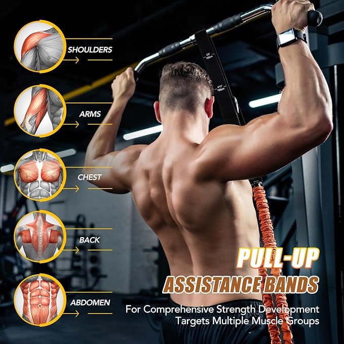ALongSong Pull Up Assistance Bands with Foot Support Pedal - Upgraded Heavy Duty Resistance Bands Adjustable Weight/Height with 80Lbs Bands&Measured Strap for Strength Training Home Gym