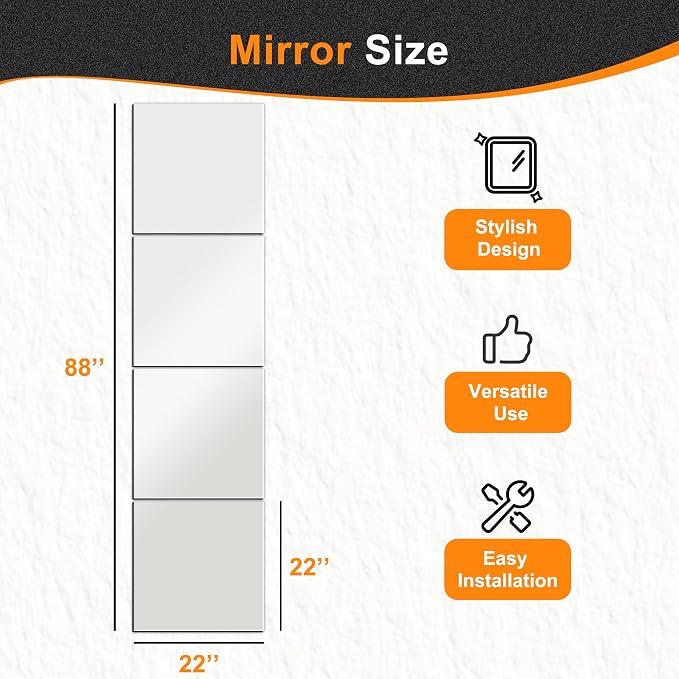 Delma Frameless Mirror Tiles 22"x22"x4 Pcs Wall Mounted | Shatter Resistant, Full Length Tempered Glass Panels, For Home Gym Bathroom Bedroom & Living Room Decor