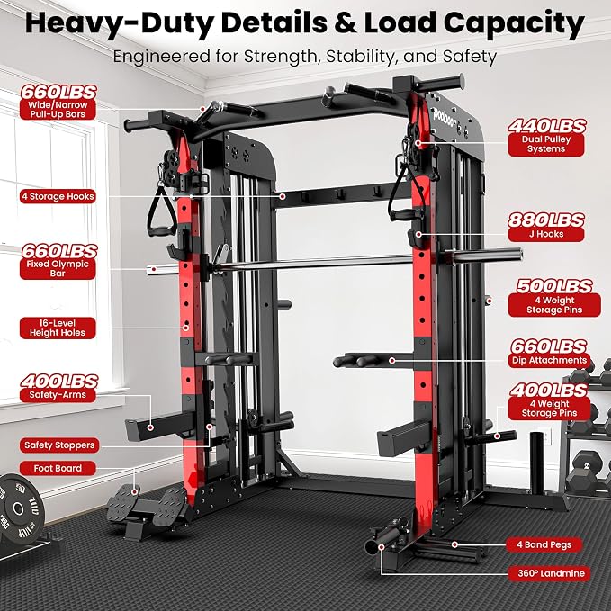 pooboo Multi-Functional Machine Power Cage, 2000LB Squat Rack, LAT-Pull Down System, Dual Pulley Cable Crossover System, Home Gym Workout Machine with Strength Training Attachments