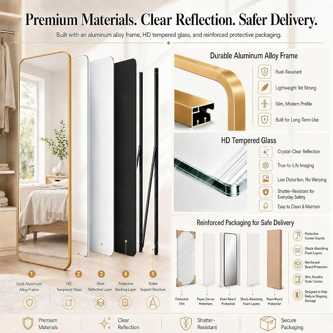 SCWF-GZ 57x20 Full Length Mirror Over The Door Hanging, Floor Stand/Wall Mounted Aluminum Alloy Frame Dressing Mirror for Bedroom Living Room 57 inch Gold