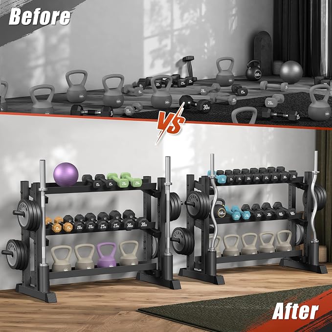 Jusgym Dumbbell Rack Stand Only, 3 Tier Adjustable Height & Angle 1200LBS | 48" Wide H-Shaped Stable Frame & Space-Saving Design, Heavy Duty Weight Rack for Home Gym, Fits Dumbbells Kettlebells, Plates