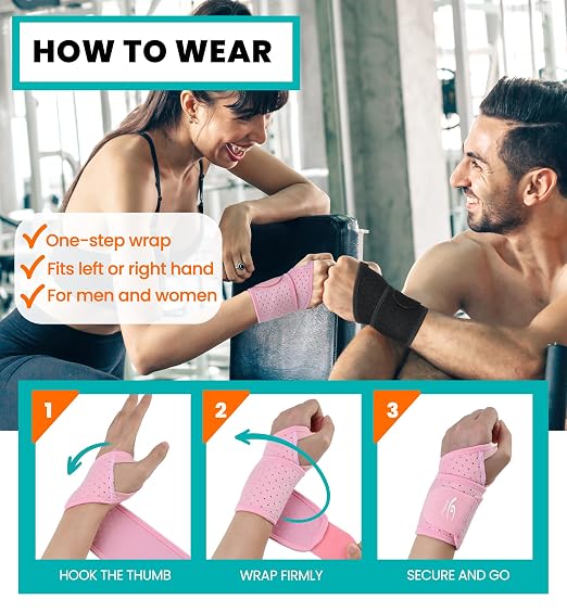 HiRui Wrist Wraps 2-Pack, Adjustable Breathable Wrist Support Brace for Men & Women – Pain Relief for Carpal Tunnel Syndrome, Tendonitis, Arthritis, Sports, Workouts – Fits Left & Right Hand (Pink)