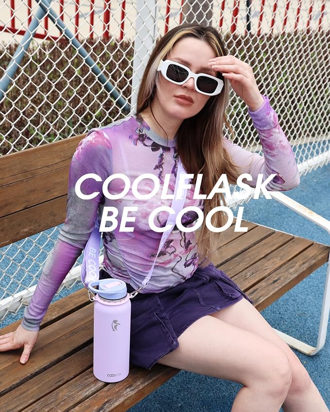 Coolflask 40 oz Water Bottle Insulated Stainless Steel with Strap | Metal Water Flask with Straw & Spout Lids, Triple-Wall, Cold 48+h, Dishwasher Safe, Leakproof, BPA-Free, for Gym & Hiking