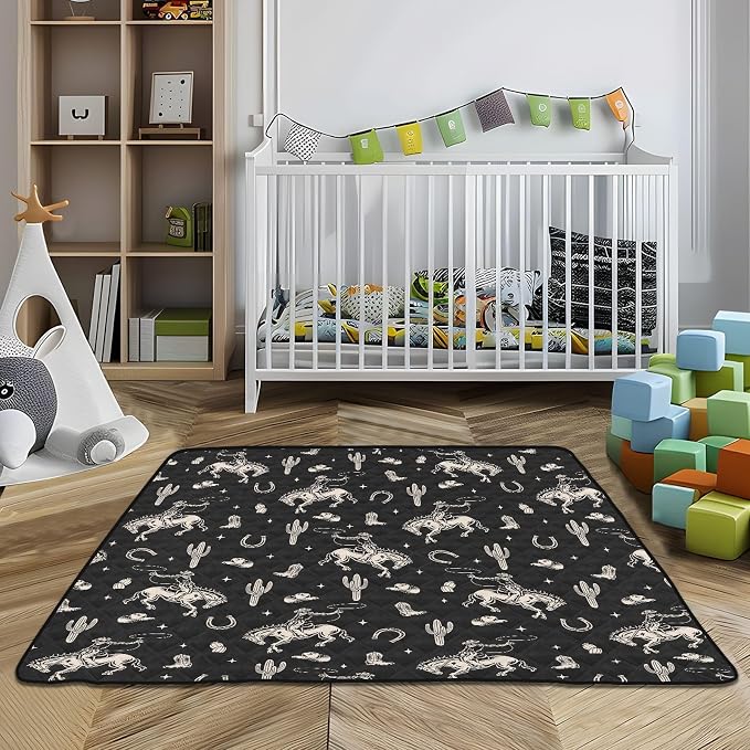 Baby Play Mat Cowboy Western Cactus Vintage 50" X 50" Play Gym Crawling Mat Soft Non-Slip Portable Picnic Floor Mat for Infant, Babies, Toddler, Kids