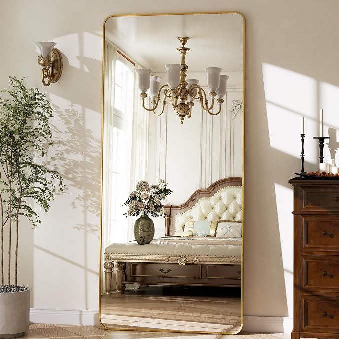 BEAUTYPEAK 76" x 34" Rounded Corner Full Length Mirror with Stand, Gold | Aluminum Alloy Frame with Standing, Leaning, or Wall-Mounted, Ideal for Bedroom, Dressing Room, Entryway, and Living Room
