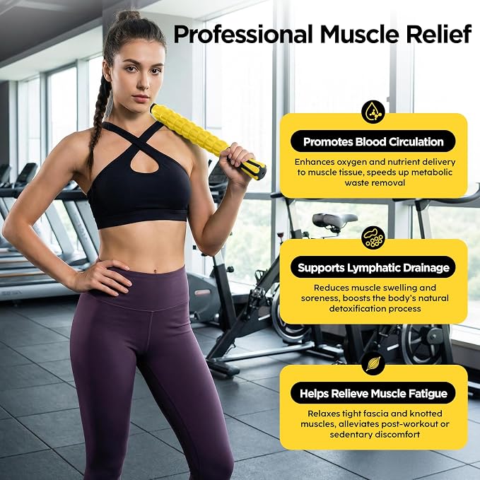 Muscle Roller & Massage Roller Stick for Athletes - Lymphatic Drainage Support, Relieves Muscle Soreness, Cramping & Tightness - Targets Legs, Arms, Back & Calves (Yellow)