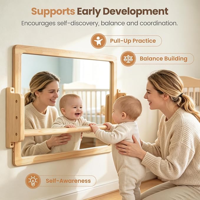Montessori Mirror with Pull Up Bar, 23.6 x 15.7 in Natural Wood Frame & Shatter-Resistant Acrylic Baby Mirror for Floor and Wall, Tummy Time and Pull-to-Stand Practice
