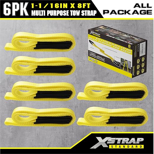 XSTRAP STANDARD 6PK 1"x8' Lift Sling Straps Wear Guard End Heavy Duty Strap | 4,000 lbs Break Strength Lifting Straps with 2 Reinforced Loops for Tree Saver Lifting Furniture Appliances Machine, hoisting