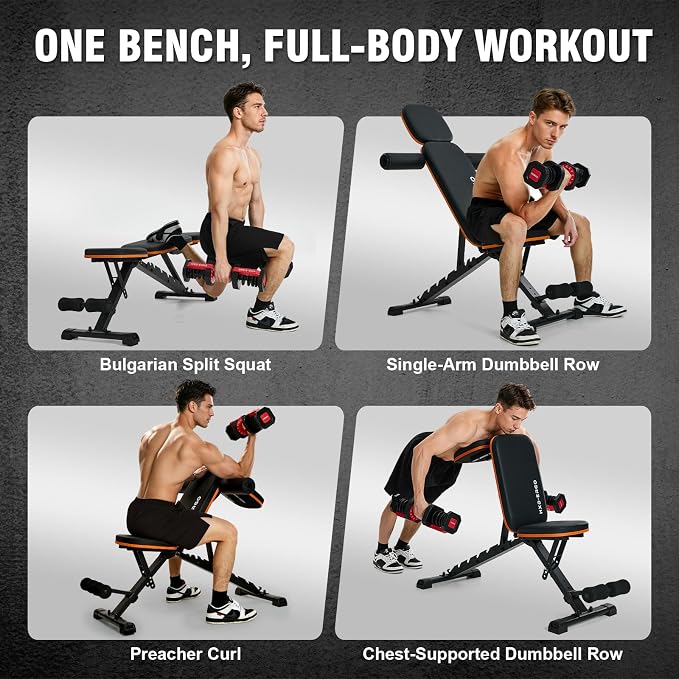 Adjustable Weight Bench for Home Gym, Foldable Workout Bench, Incline Bench | 660lbs Adjustable Weight Bench with 8 Backrest and 4 Seat Positions for Incline, Decline, and Flat Strength Workouts