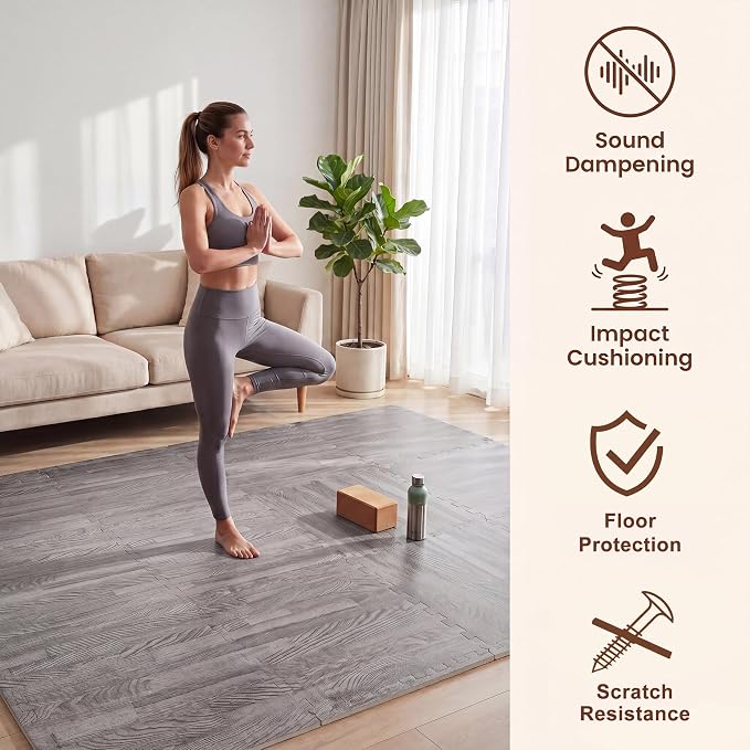 Giantex 25 Pcs Faux Wood Grain EVA Foam Tiles, 24"x24" Interlocking Floor | 100 Sq. Ft Puzzle Exercise Mats with 50 Borders, 0.4" Thick Waterproof Anti-Slip Flooring for Home Gym, Basement, Gray Oak