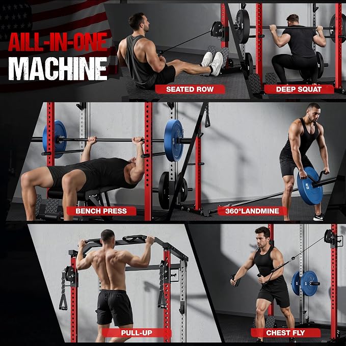 DP01 Power Cage, 2000LBS Squat Rack with Cable Crossover and Dual Independent Pulley System, Full Cage for Full Body Training, Power Rack with More Training Attachments for Home Gym