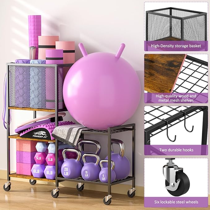 Dumbbell Rack, Yoga Mat Storage Holder, Home Gym Storage Rack, Workout Equipment Storage Organizer, Weight Storage Holder Rack with Hooks and Wheels