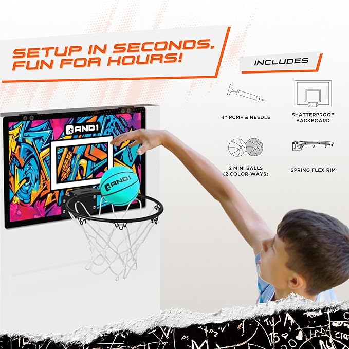 AND1 Over the Door Mini Basketball Hoop: 18x12 Shatterproof Backboard, 2 Mini Basketballs, and Hand Pump Included- Ultimate Indoor Basketball Accessory for Kids and Adults, No Tools Required
