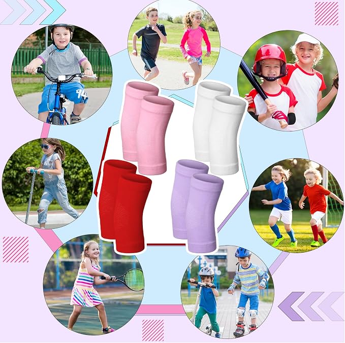 Lenwen 4 Pairs Kids Elbow Brace Compression Arm Elbow Sleeve Knit Guard Gym Protectors for Boys Teen Children Girls Basketball Volleyball Tennis Cycling(5-10 Years,Light Pink, Red, White, Purple)