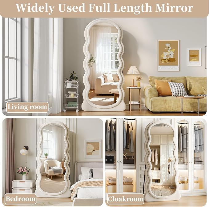 Full Length Mirror, 71"x30" Full Body Mirror with Stand | Wavy Mirror Full Length, Flannel Floor Mirrror Bedroom and Living Room, Wall Mirror Hanging or Leaning, Beige