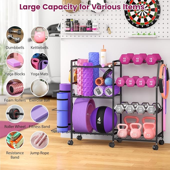 Dumbbell Rack, Weight Rack for Home Gym, Yoga Mat Storage Rack, Exercise Equipment Storage with Wheels and Hooks, Home Gym Equipment Organizer for Kettlebells