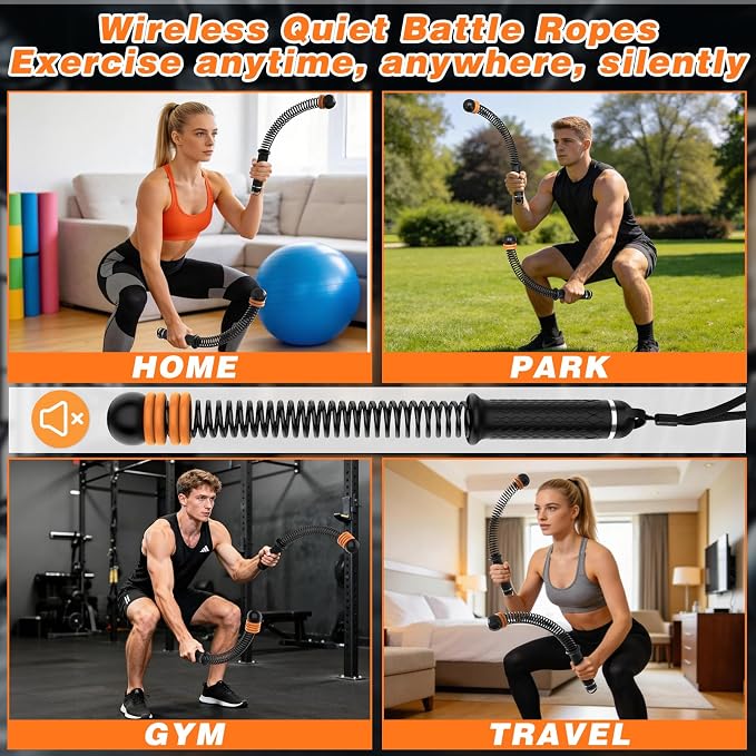 Ropeless Battle Ropes for Home Gym, Portable Cordless with Storage Bag & 8 Adjustable Weight Rings, Heavy Duty Fitness Rope for HIIT, Strength, High Calorie Burn & Low-Impact Cardio for Men & Women