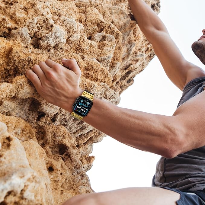 Band Compatible with Apple Watch Ultra 3/2/1 Band 49/46/45/44mm | Metal Connector with Silicone Rugged Strap for iWatch Ultra Series 11/10/9/8/7/6/SE3/SE2/SE/5/4/3/2/1, Gold Black