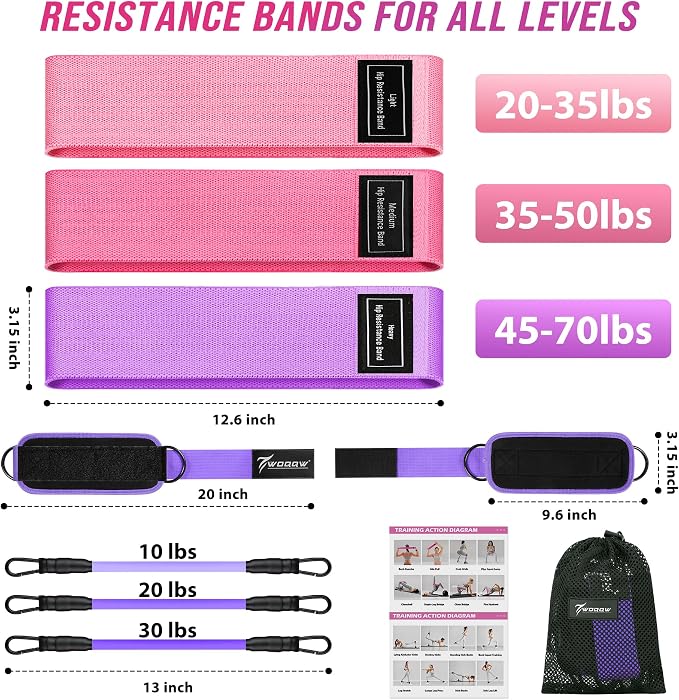 WOQQW Resistance Bands Set - Ankle Resistance Bands with Cuffs for Legs & Glute Workout, Fabric Booty Bands for Women, Home Gym Exercise Equipment for Hip, Pilates, Fitness, Yoga, Physical Therapy