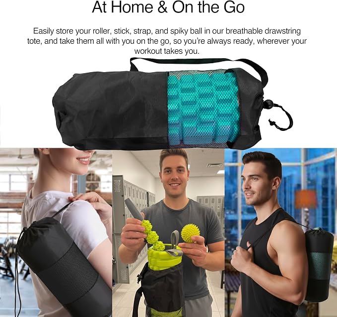 321 STRONG 5-in-1 Massage Set, Complete Mobility Kit for Workout Recovery | Deep Tissue Roller for Legs, Spikey Foot Ball, Hamstring Stretch Strap, Quad Roller Stick, Carry Bag