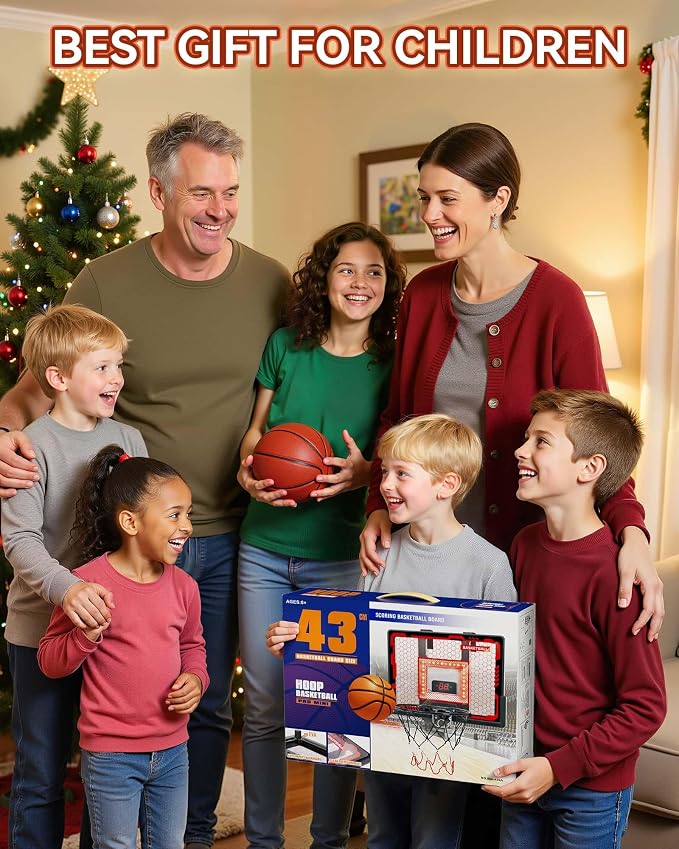 Indoor Basketball Hoop Pro for Kids, Over The Door Basketball Hoop Indoor with LED Light/Scoreboard/4 Balls- Upgraded Anti-Impact Backboard, Basketball Toys Gifts for 6 7 8 9 10 11 12 Year Old Boys
